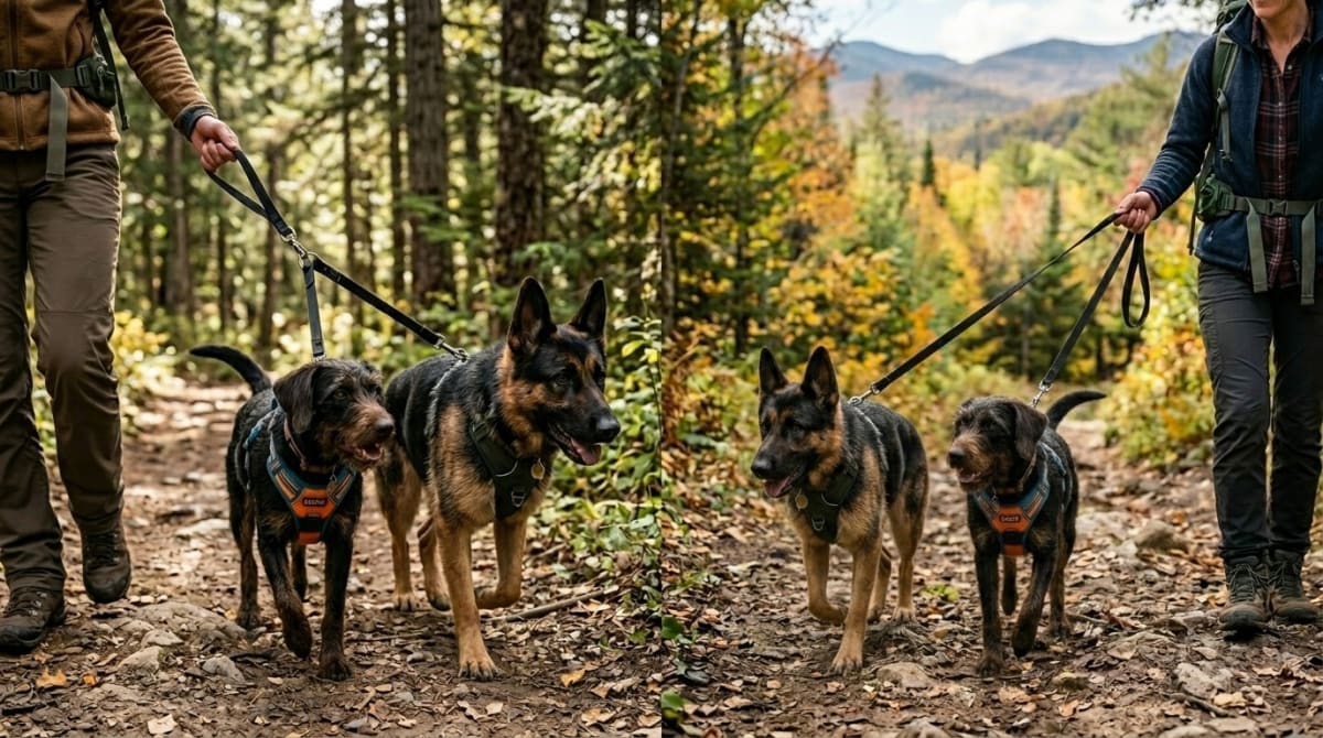 Hiker managing two dogs on separate waist-mounted leashes on a narrow forest trail