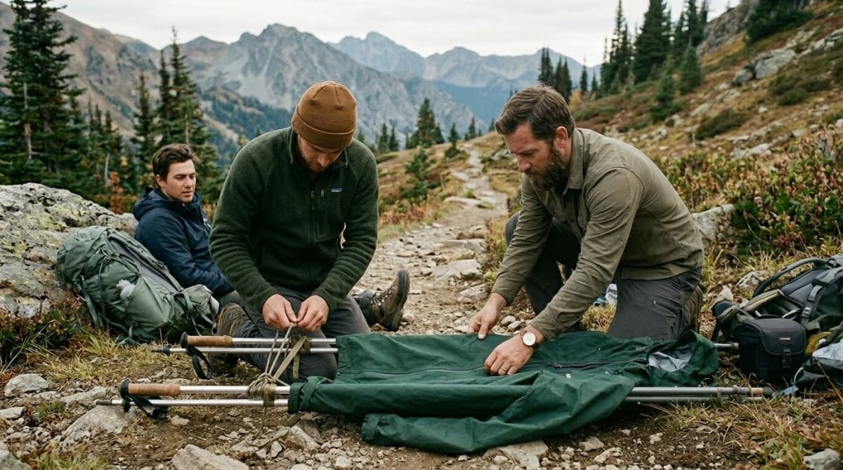 Makeshift stretcher constructed from trekking poles threaded through a jacket