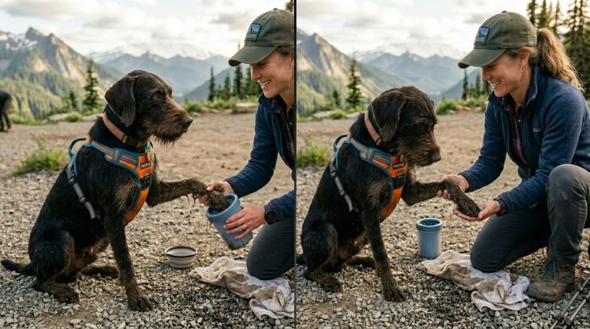 Before and after comparison of muddy versus cleaned dog paws at a trailhead