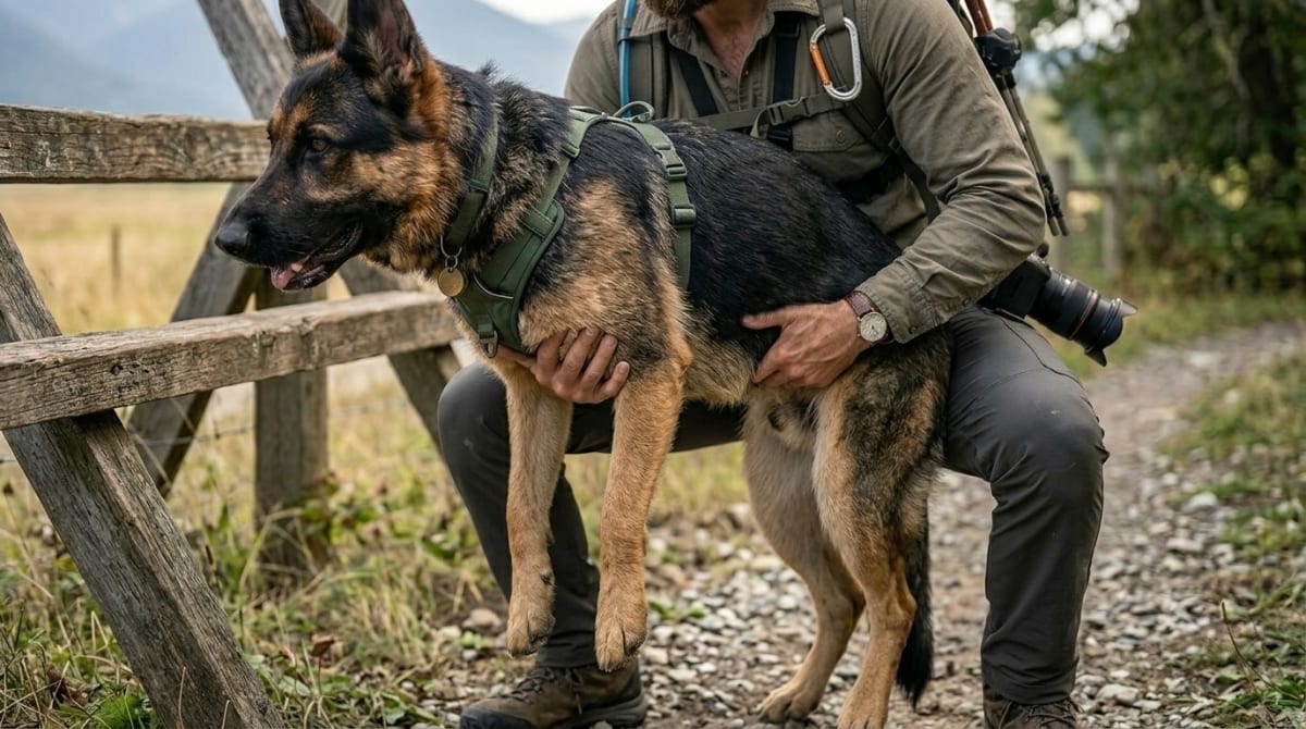 Hiker using two-handed harness grip to guide a large dog over a wooden farm stile