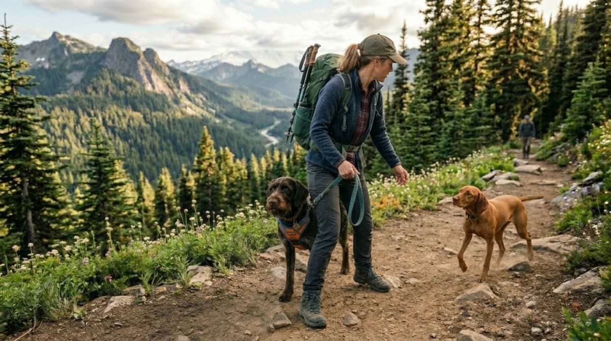 Handler stepping in front of leashed dog on trail to shield them from an approaching off-leash dog