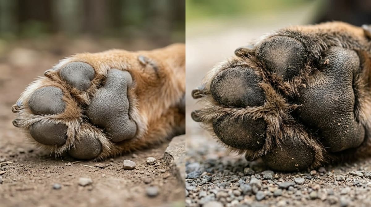 Comparison of unconditioned versus trail-hardened dog paw pads showing the texture difference
