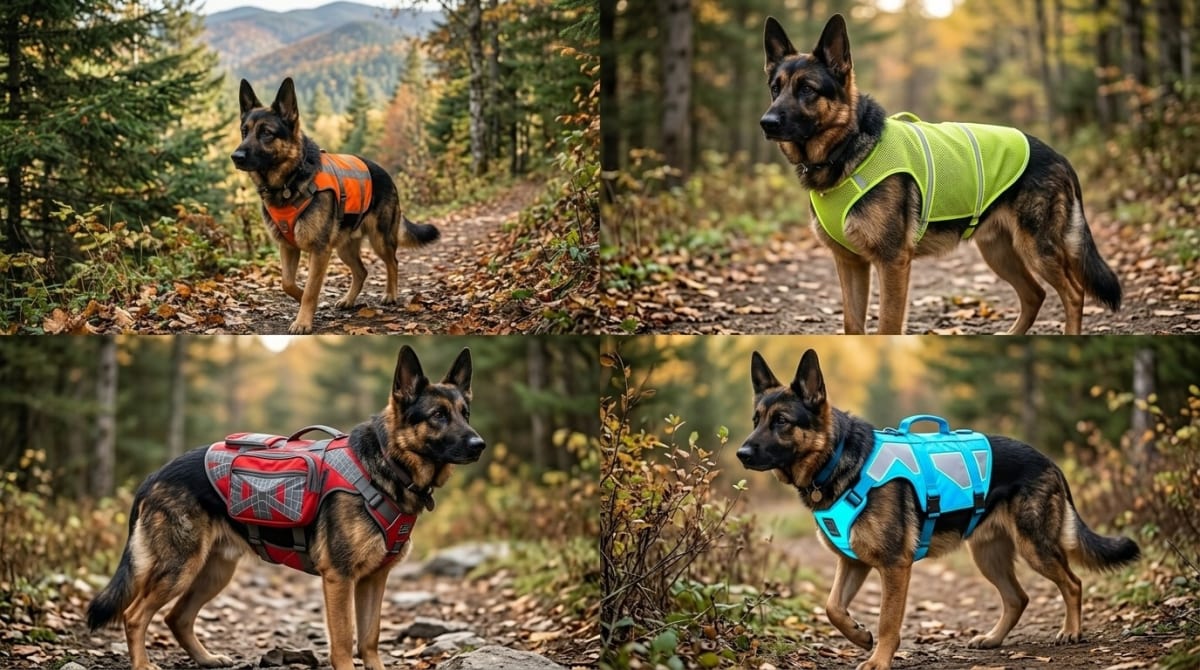 Large dog wearing a full-coverage blaze orange safety vest on an autumn forest trail