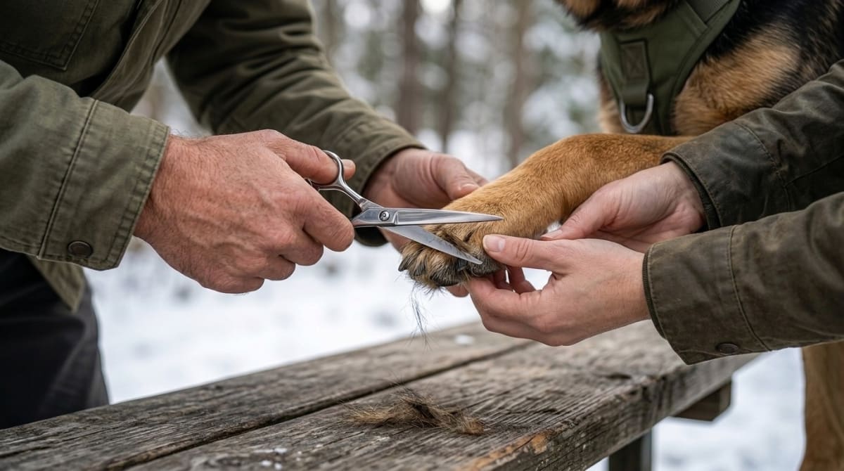 Trimming the fur between a dog's paw pads to prevent winter ice ball buildup