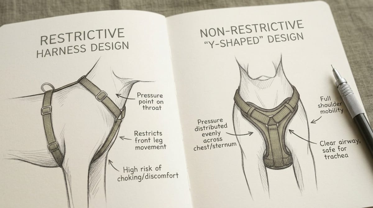 Side by side comparison of a restrictive horizontal chest strap and a non-restrictive Y-harness on a dog
