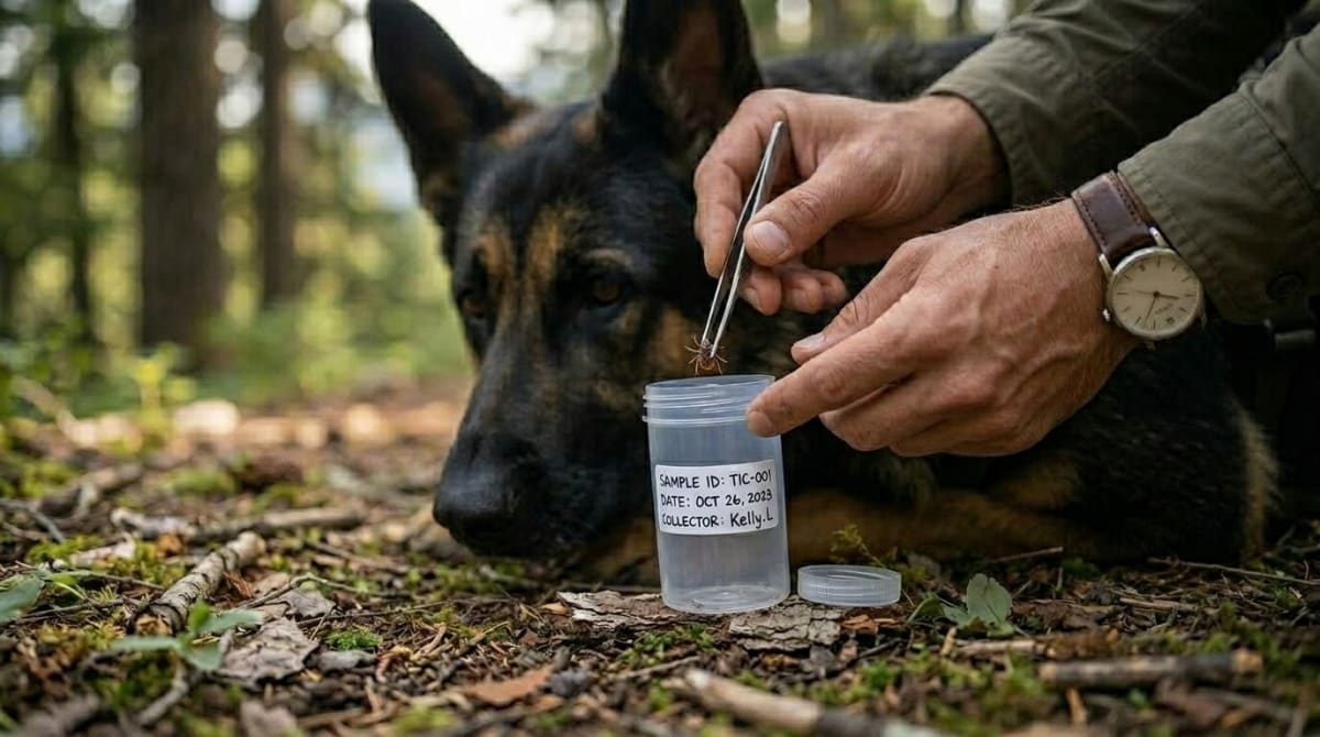 Removed tick being carefully placed into a sealed container with a date label