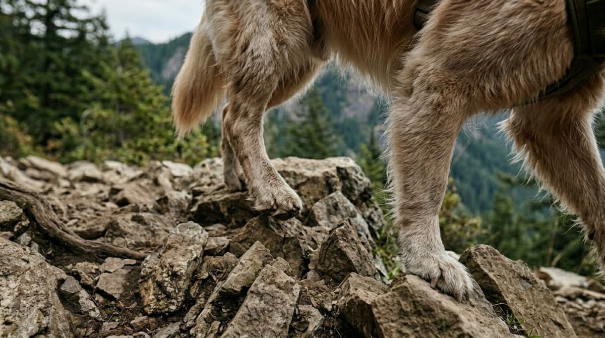 Senior dog resting on a forest trail with owner checking its legs and joints after a hike