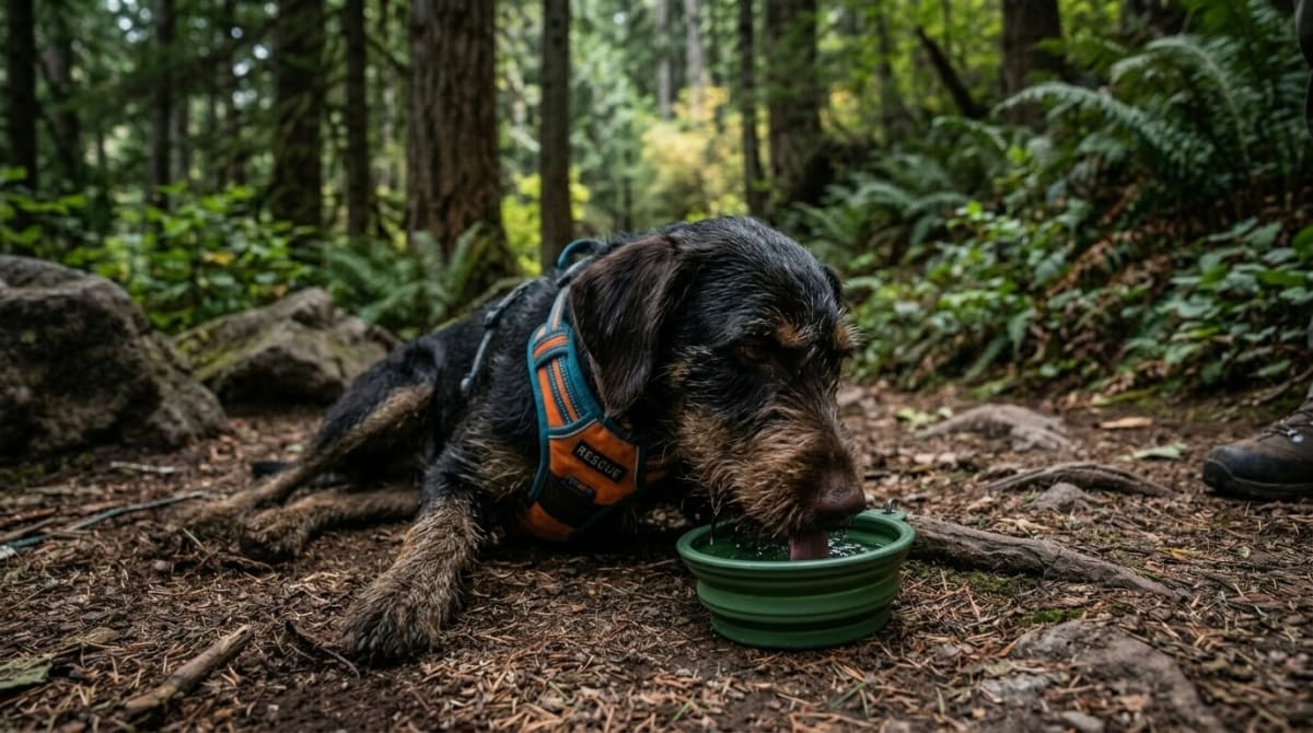 Dog drinking water from a collapsible bowl during a trail rest break