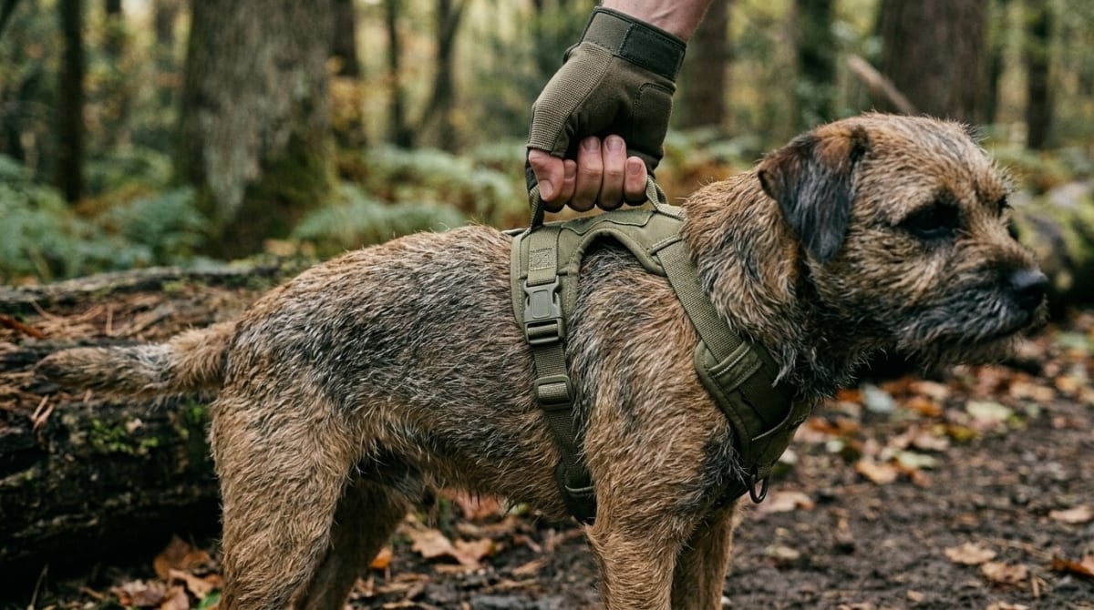 Close-up of proper Y-front harness lift technique for a small dog on the trail