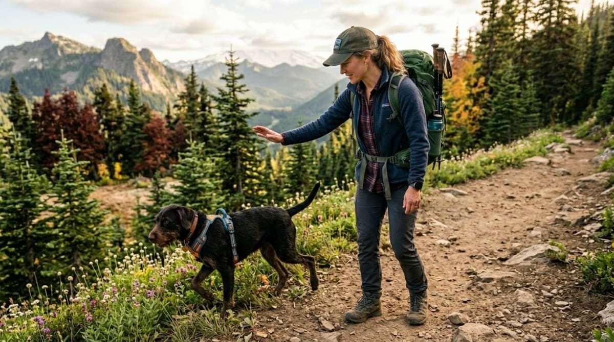Handler guiding dog off a hiking trail onto the grassy shoulder with a hand signal