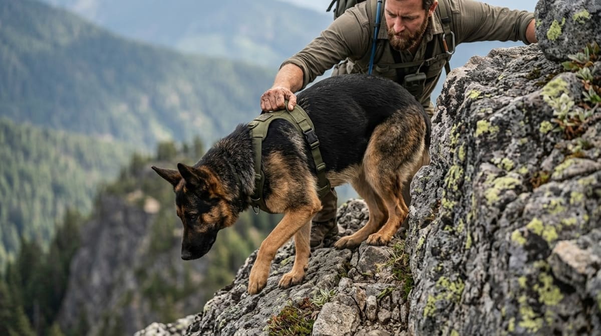 Handler spotting dog on exposed rock scramble with hand on harness back handle