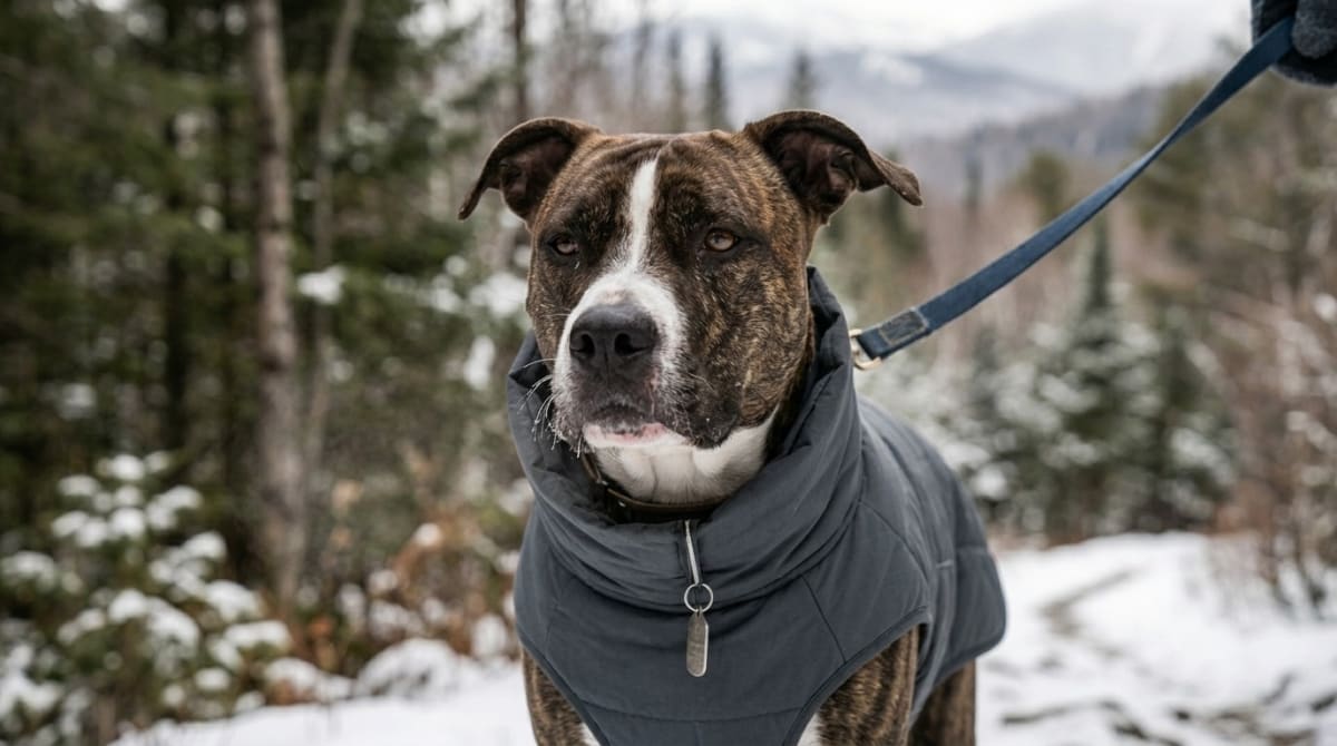 Dog shivering on a snowy trail showing early signs of cold exposure