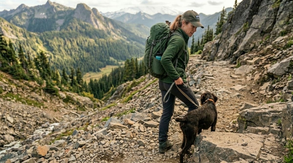 Handler and dog practicing the behind position on a rocky descent