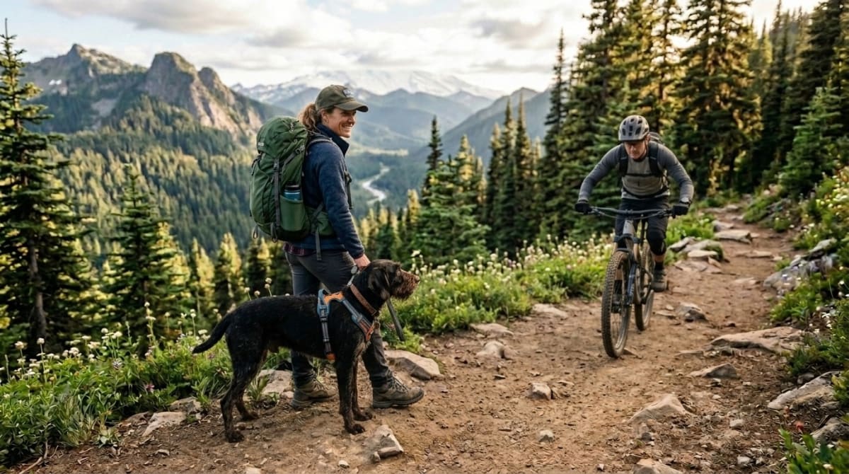 Handler stepping off the trail with a dog as a mountain bike approaches