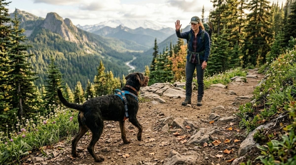 Dog frozen mid-step on trail responding to handler's crossing-guard hand signal wait command