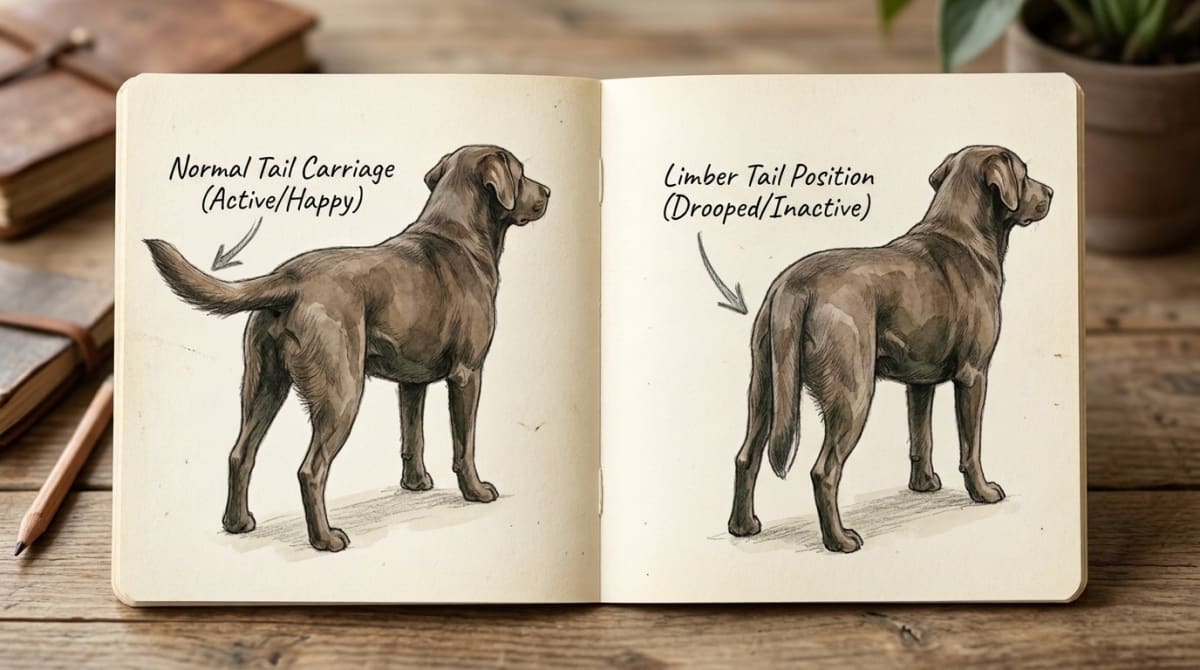 Comparison of normal tail carriage versus the hinge-like droop of limber tail