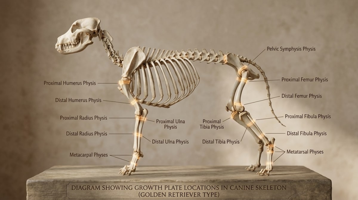 Diagram showing growth plate locations on a dog's leg bones and joints