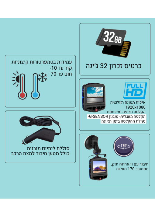 מצלמה לרכב מסך "2.5 FULL HDR כולל כרטיס זכרון 32 ג׳יגה - תמונה 2