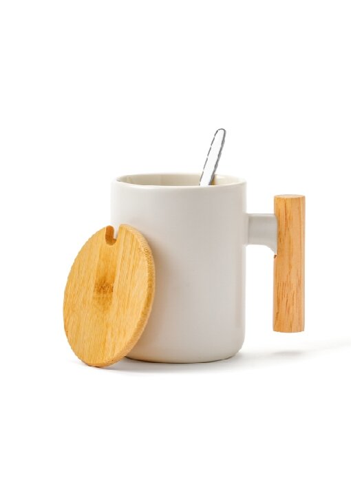 כוס פורצלן עם גימור במבוק,מכסה וכפית נירוסטה 380 מ"ל - תמונה 2