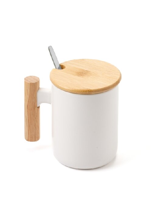 כוס פורצלן עם גימור במבוק,מכסה וכפית נירוסטה 380 מ"ל - תמונה 5