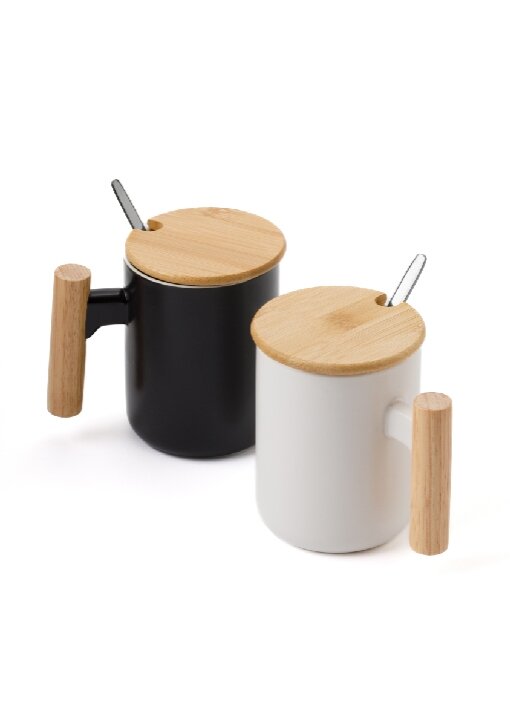 כוס פורצלן עם גימור במבוק,מכסה וכפית נירוסטה 380 מ"ל - תמונה 6