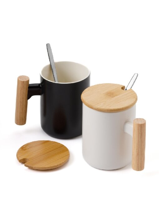 כוס פורצלן עם גימור במבוק,מכסה וכפית נירוסטה 380 מ"ל - תמונה 7