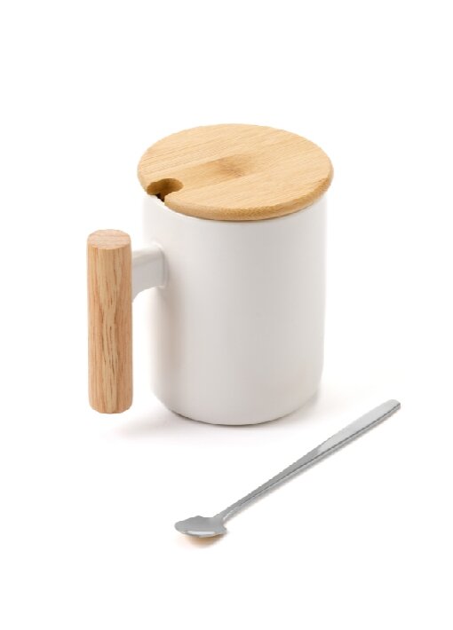 כוס פורצלן עם גימור במבוק,מכסה וכפית נירוסטה 380 מ"ל - תמונה 9