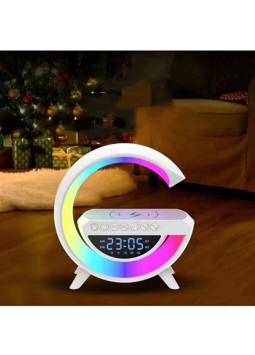 רמקול בלוטוס כולל מטען אלחוטי מהיר לניידים עם רדיו, שעון ותאורת לד - תמונה 2