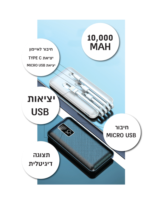 פאור בנק/ מטען צג דיגיטלי מטען 10000MAH+כבלים מובנים - תמונה 7