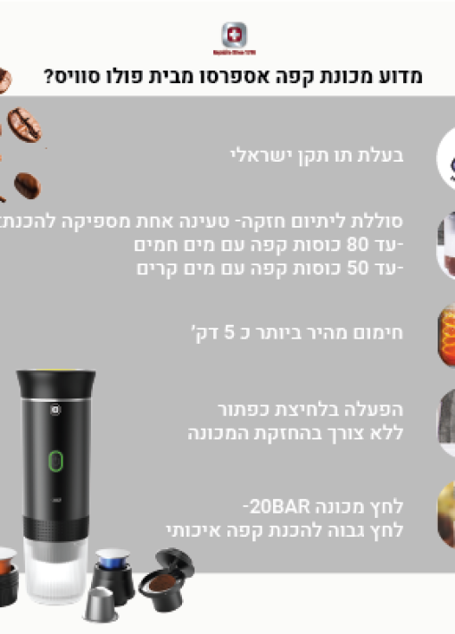 מכונת קפה אספרסו ניידת קפסולות אספרסו POLO SWISS - תמונה 8