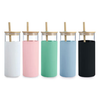 כוס זכוכית עם מכסה במבוק וקש – לאוס