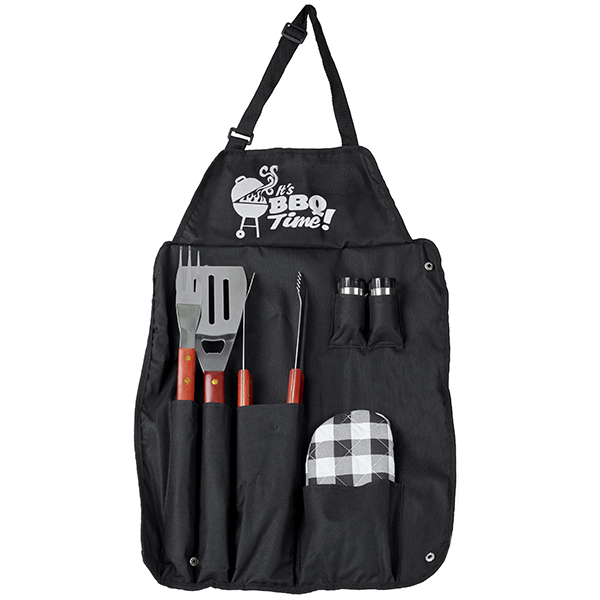 ערכת מנגל סינר עם כלים לברביקיו ,כיתוב  "BBQ TIME"