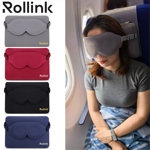 כרית ויסקו ארגונומית לנסיעות משולבת עם כיסוי לעיניים מבית המותג Rollink