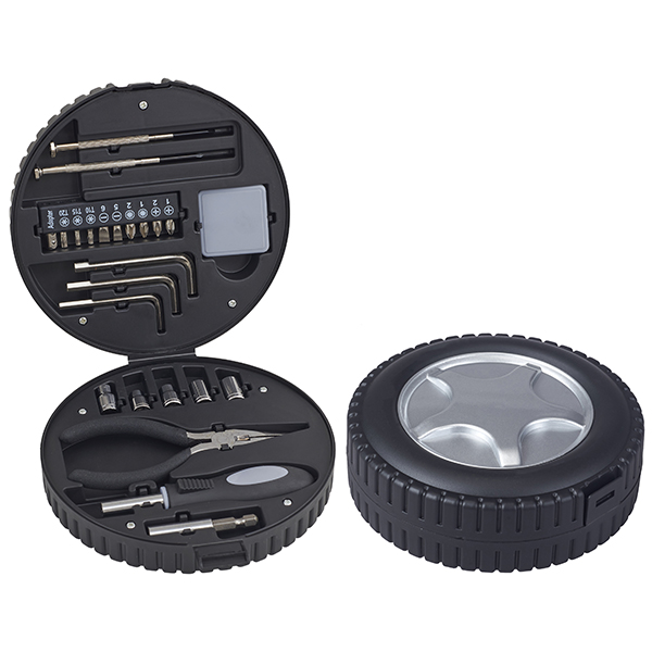 ערכת כלים רב תכליתי במארז פלסטיק קשיח בעיצוב גלגל צמיג