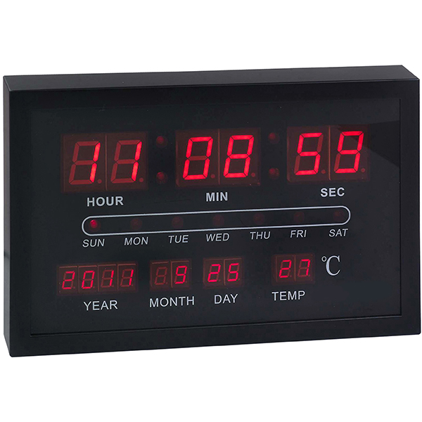 שעון קיר דיגיטלי תאריכון מד מעלות שחור