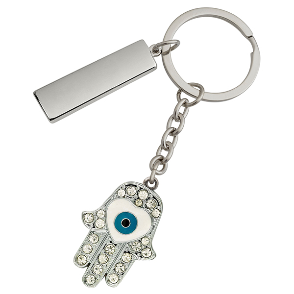 מחזיק מפתחות מתכתי משובץ באבנים "חמסה" עם לוחית מלבנית למיתוג