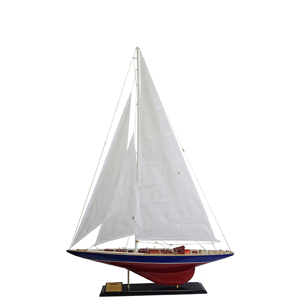 יאכטה מפרש לבן עבודת יד מעץ בצבע בורדו עם פס כחול 60x88 ס"מ