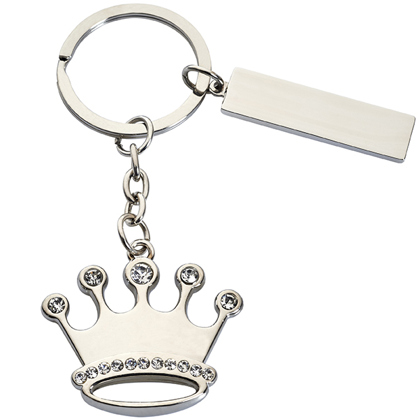 מחזיק מפתחות מתכתי משובץ באבנים "כתר" עם לוחית מלבנית למיתוג