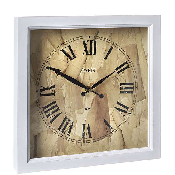 שעון קיר מעץ טבעי במסגרת לבנה