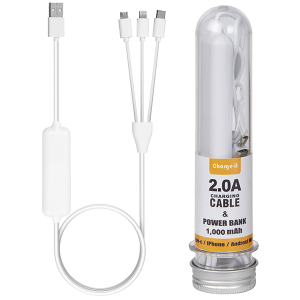 כבל טעינה משולש | פאוור בנק סוללת גיבוי 1000mAh לחירום מובנה בגוף הכבל מבית Charge-it