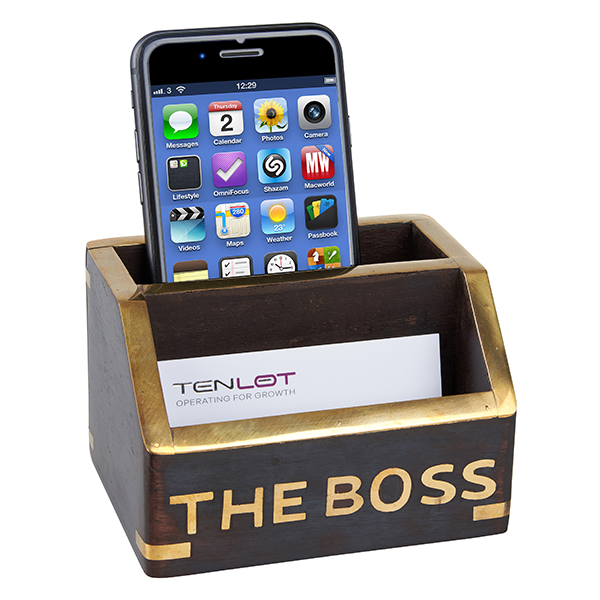 מעמד כפול לכרטיסי ביקור+נייד THE BOSS עשוי שילוב עץ ונחושת  BRASS