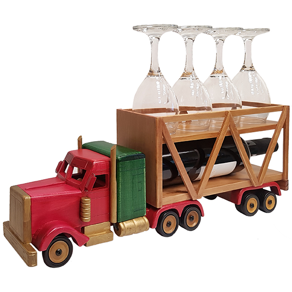 "סמי טריילר" משאית עתיק וינטג' מעץ בגוון מהגוני מעמד לבקבוק יין ו-4 כוסות