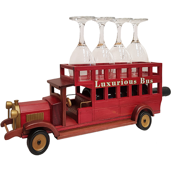 אוטובוס עתיק וינטג' מעץ בגוון מהגוני מעמד לבקבוק יין ו-4 כוסות