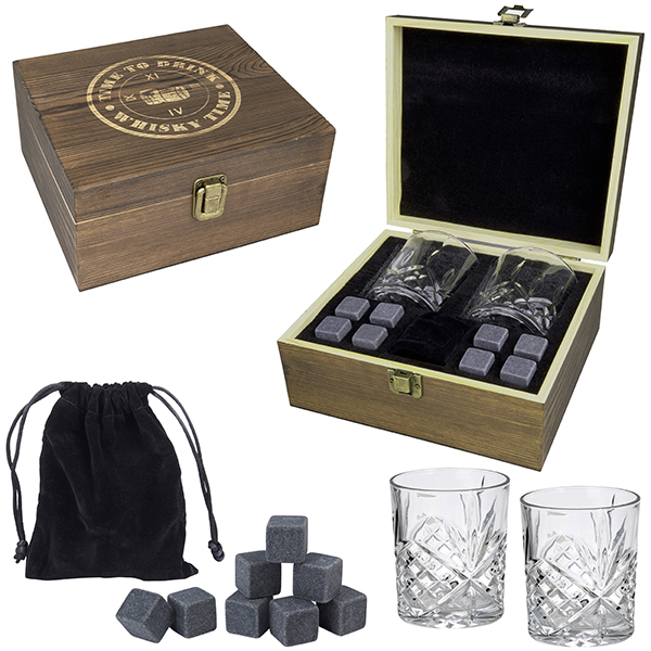 מארז מתנה ויסקי הכולל 2 כוסות ו-8 אבני קרח בקופסת עץ מהודרת