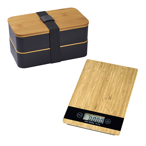 סט הכולל משקל למזון מצופה במבוק וקופסת אוכל כפולה עם מכסה במבוק וסכום - תמונה 2