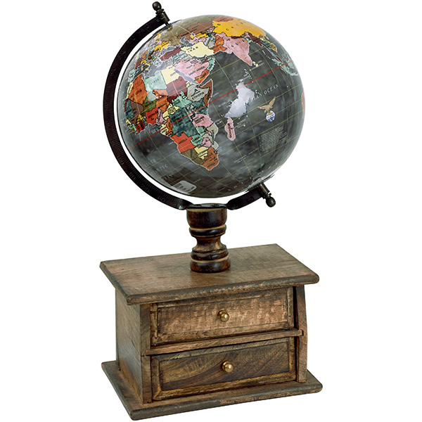 גלובוס עתיק קשת מתכת על בסיס עץ עם 2 מגרות
