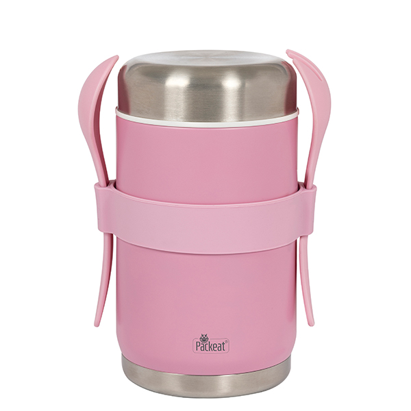 מיכל תרמי נירוסטה חם/קר לאוכל כולל מזלג וכף מבית המותג Pack&eat