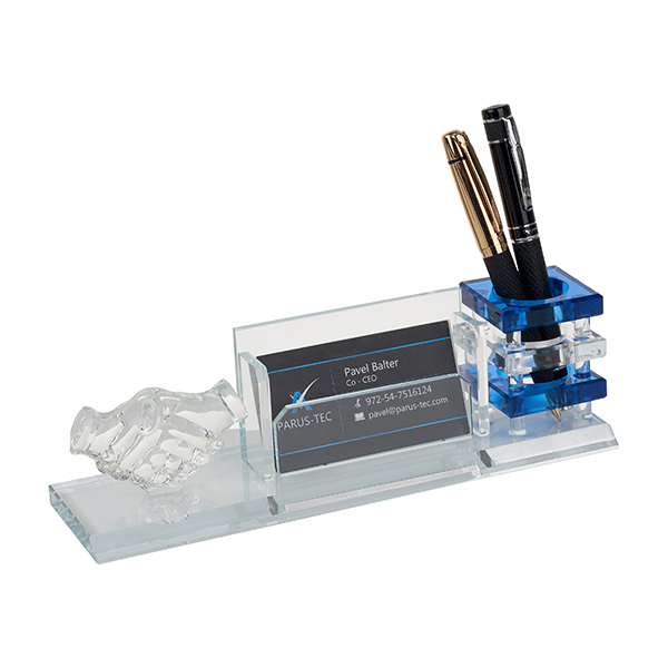 מעמד קריסטל לחיצת יד עם מעמד לכרטיסי ביקור וכוס לעטים כחול