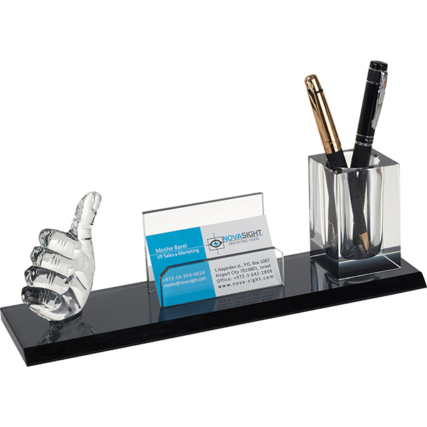 מעמד קריסטל לייק עם מעמד לכרטיסי ביקור וכוס לעטים