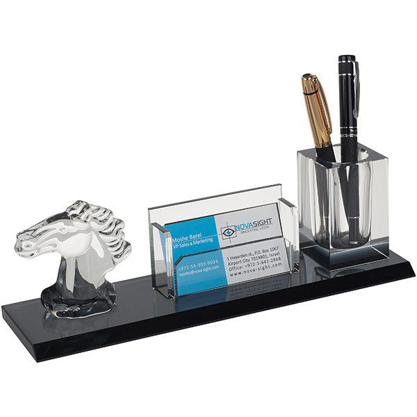 מעמד קריסטל סוס עם כוס לעטים ומעמד לכרטיסי ביקור